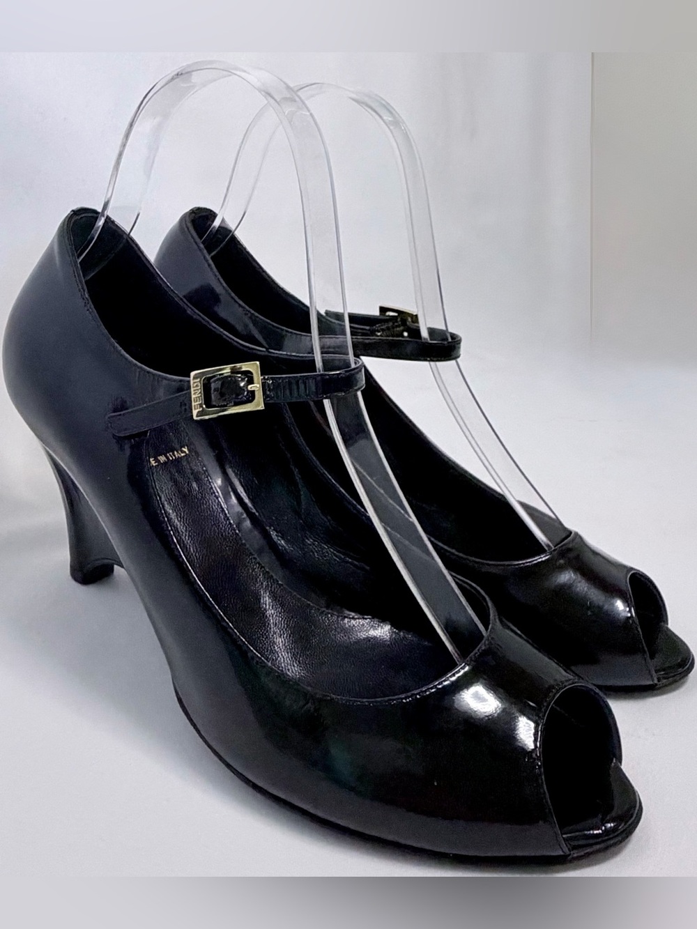 Fendi Vintage Y2K Patent Leather Peep Toe Mary Jane Wedges Heels Black EU 37